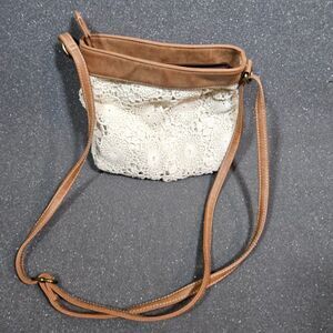 Boho Lace Crossbody Bag Brown Faux Leather Cream Crochet Shoulder Purse